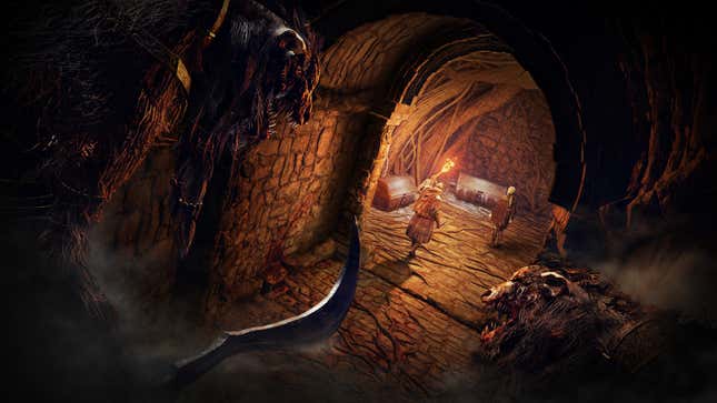 A beast lurks behind adventurers.
