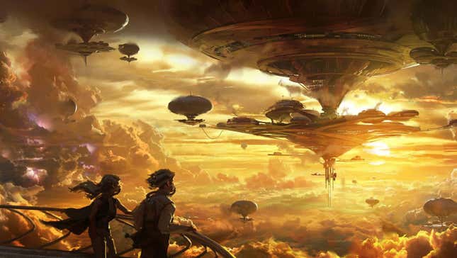 People look out at ships in the sky.