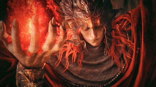 Red-haired royalty holds up a flame.