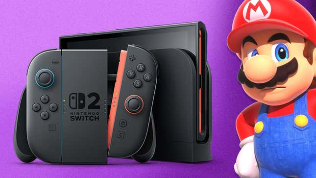 Mario looks disatsified while standing next to a Switch 2.