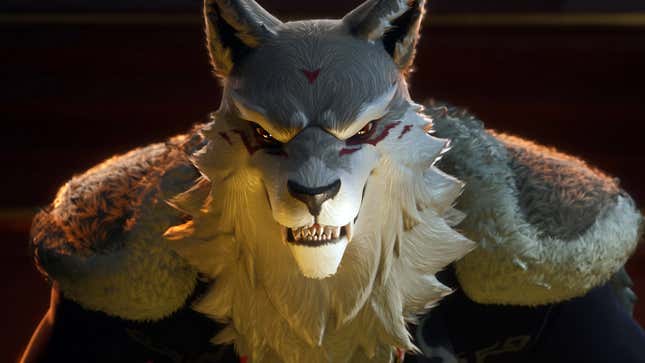 A wolf character stares down the camera.