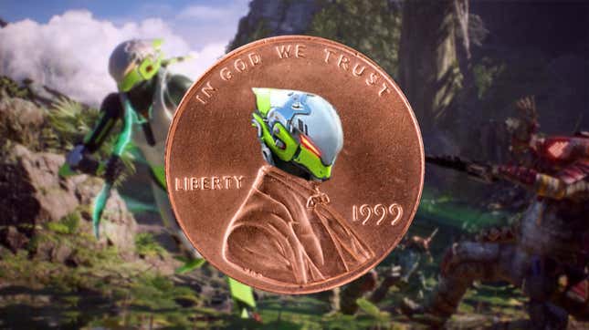 A penny has an the face of an Anthem character stamped on it, replacing Abraham Lincoln.